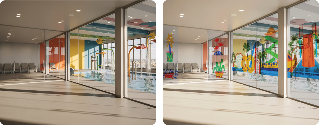 Indoor Splash Zone Glass Wall | Waterpark Graphic Illustration